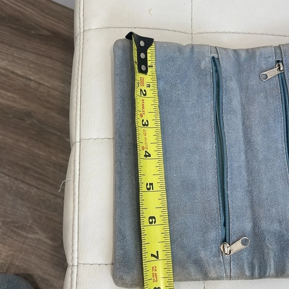 Pale blue clutch with inside zippers and vintage embellishments